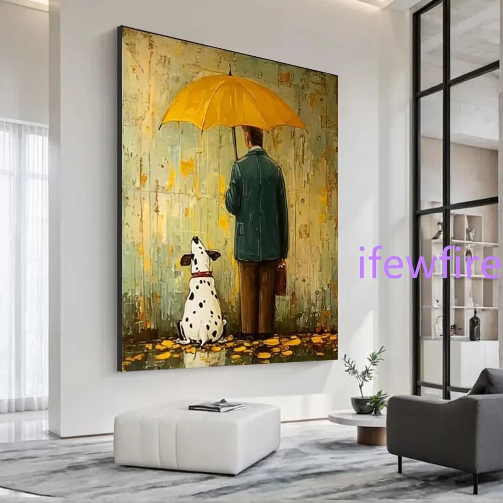 Abstract Oil Painting Father And Dog Wall Art Picture Handmade Canvas Mural Rainy Weather Scenery for Living Room Decor Image