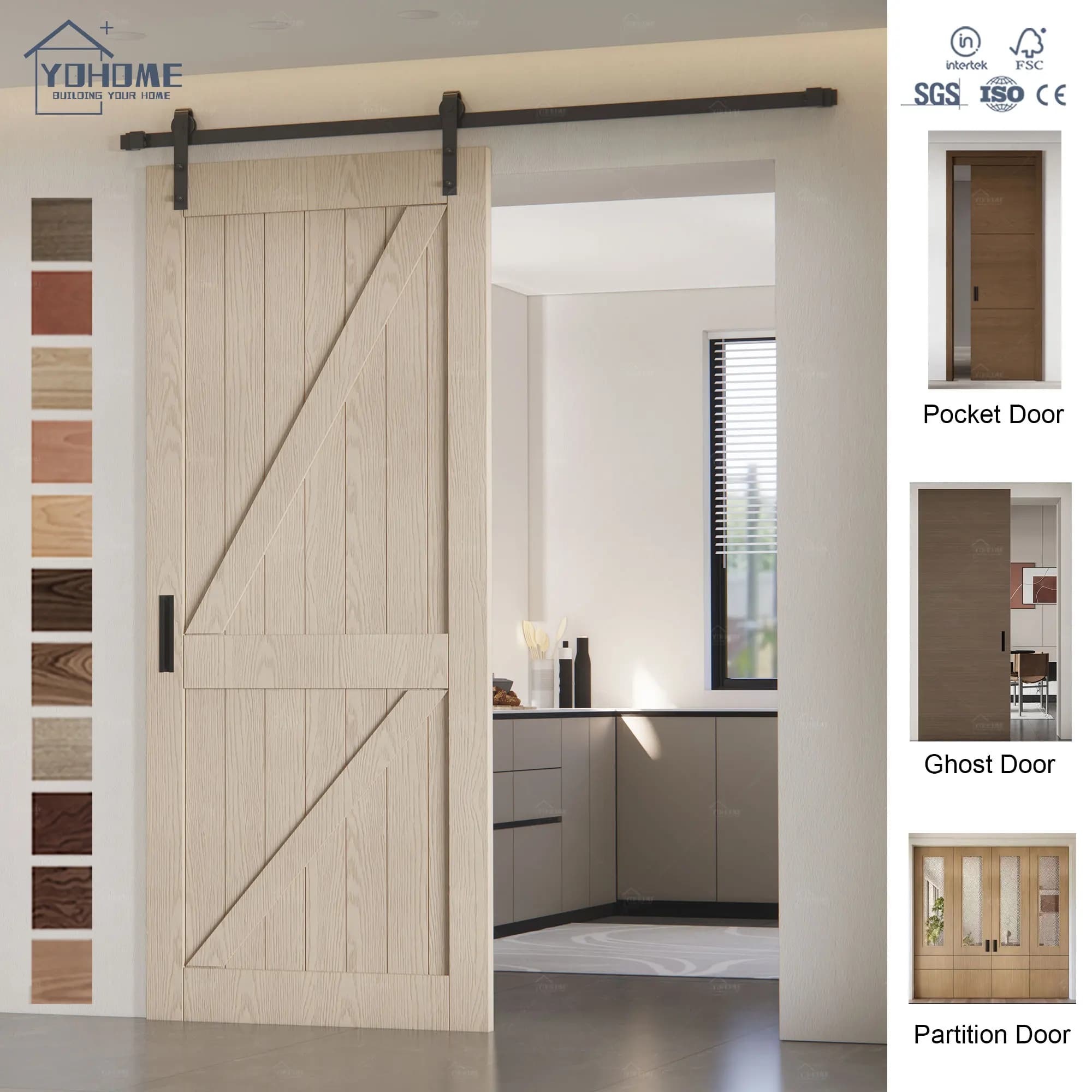 Foshan Yohome Modern Home Interior Barn Sliding Door French FSC Certified Wooden Barn Door with Metal Hardware Track