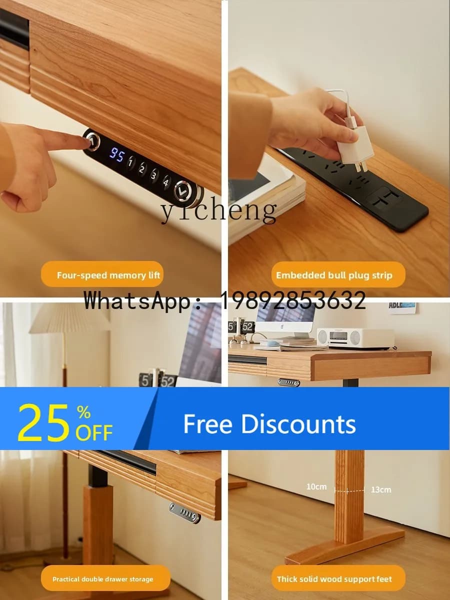 Solid Wood Electric Height Adjustable Desk Computer Office Desk Cherry Wood Workbench