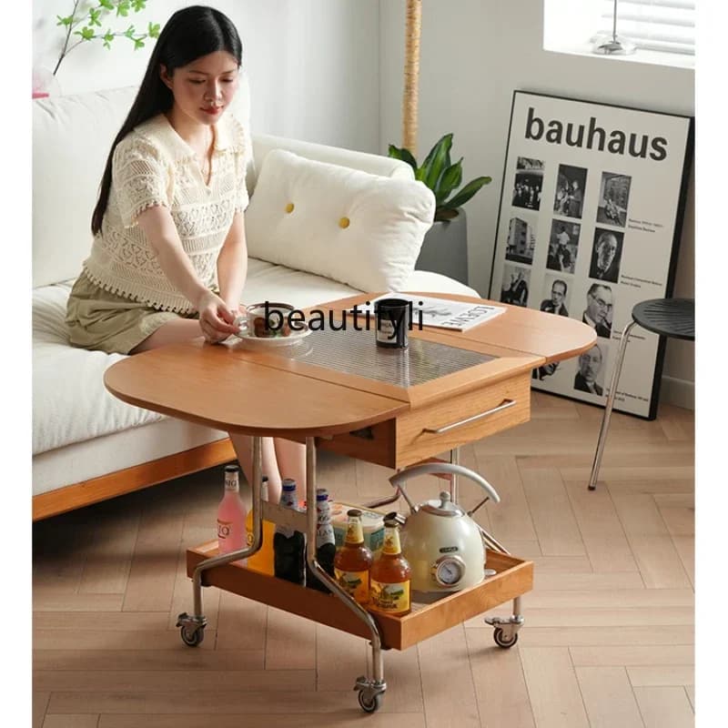 Portable Folding Coffee Table Nordic Solid Wood Small Apartment Living Room Cherrywood Sofa Side Table Trolley