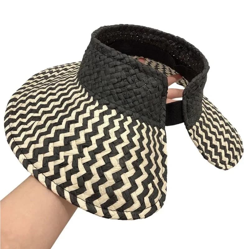 Korean eaves foldable black and white striped travel vacation sunscreen sunshade straw hat
