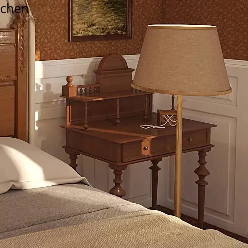 e1- Simple Solid Wood Vintage Brown Distressed Dressing Table Full Oak Carved Bedroom Cabinet