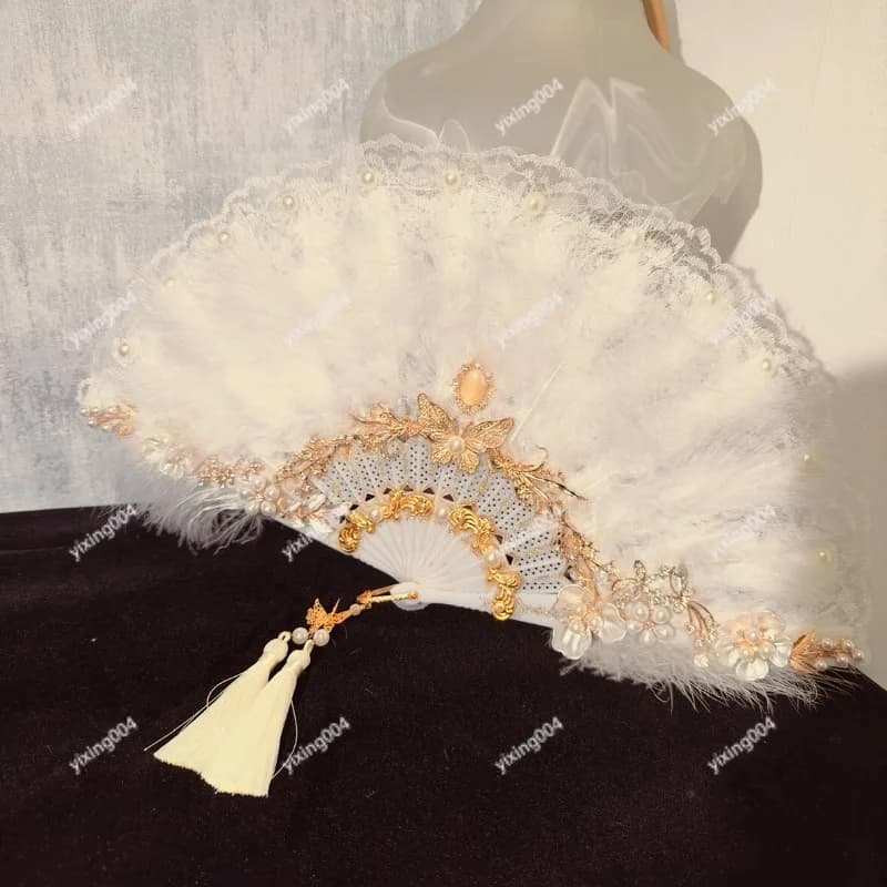 Chinese Style Feather Fan, Round Folding Fan for Hanfu Cheongsam Wedding Dance Photoshoot