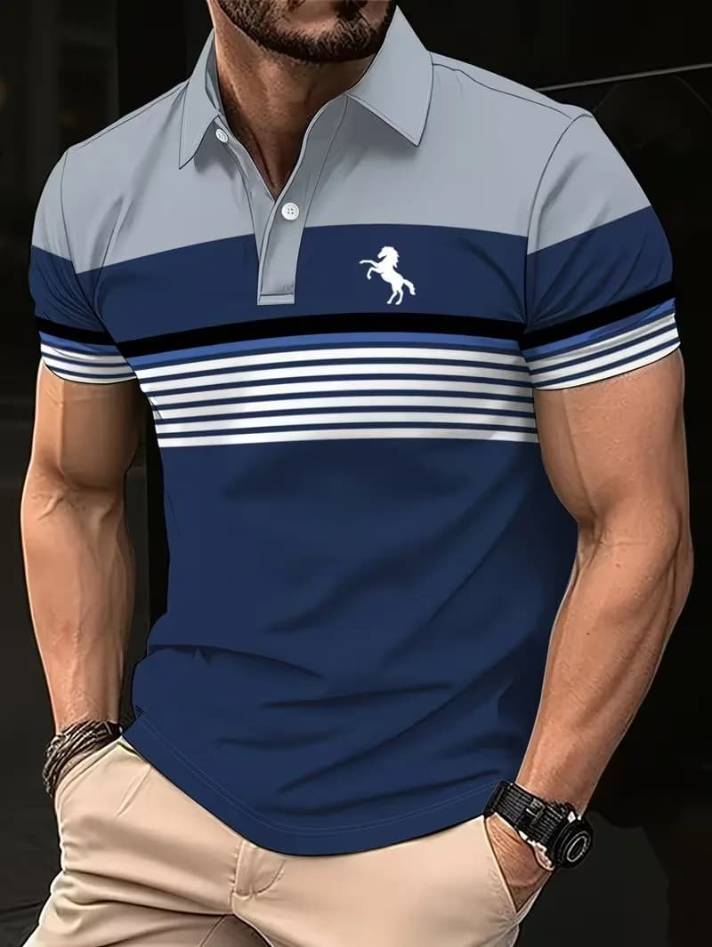 Color-blocking stripes 3D Digital Print Men's Polo Shirt Summer Short Sleeved Lapel Polo Shirt Men's Business Casual man clothes