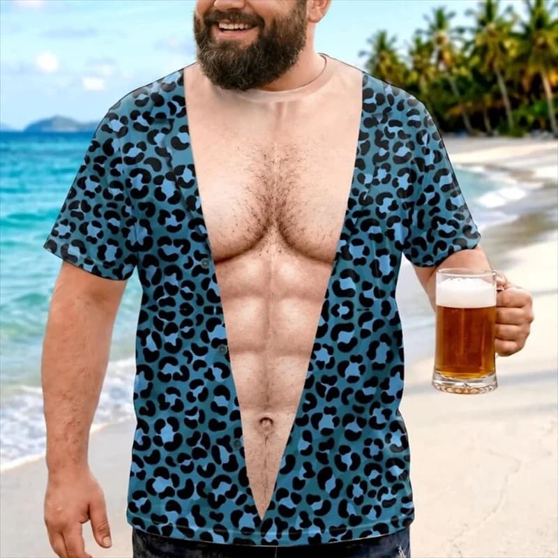 Men Funny 3D Fake Open Leopard Shirt Muscle Chest Print T‑Shirt Novelty Humor Short Sleeve Beach Party Festival Crew Neck Tees