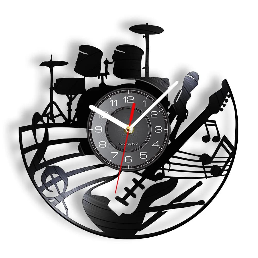 Guitar and Drum Kits Wall Clock Guitar Player Music Vinyl Record Clock Rock Music Instrument Guitar Wall Art Rock N Rock Gift
