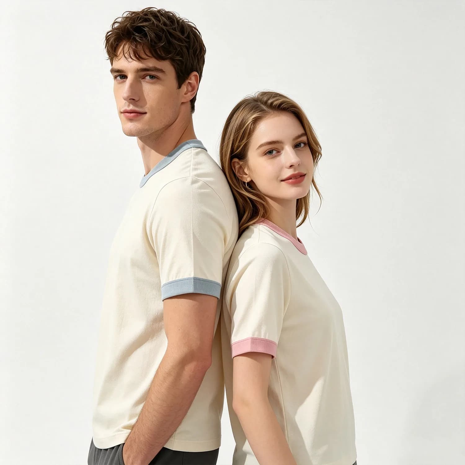 2Pcs Couple Matching Beach Tops Fashion Color Stitch O-Neck Soft Cotton Short Sleeve Unisex Comfort Daily Vacation Street Tees