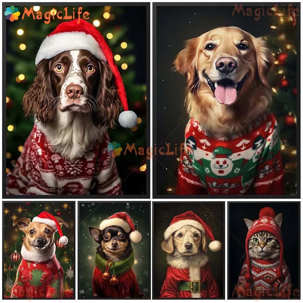 Christmas Custom Cat Pet Portrait Animals Dog Poster Gift Wall Art Canvas Painting Wall Pictures For Living Room Unframed