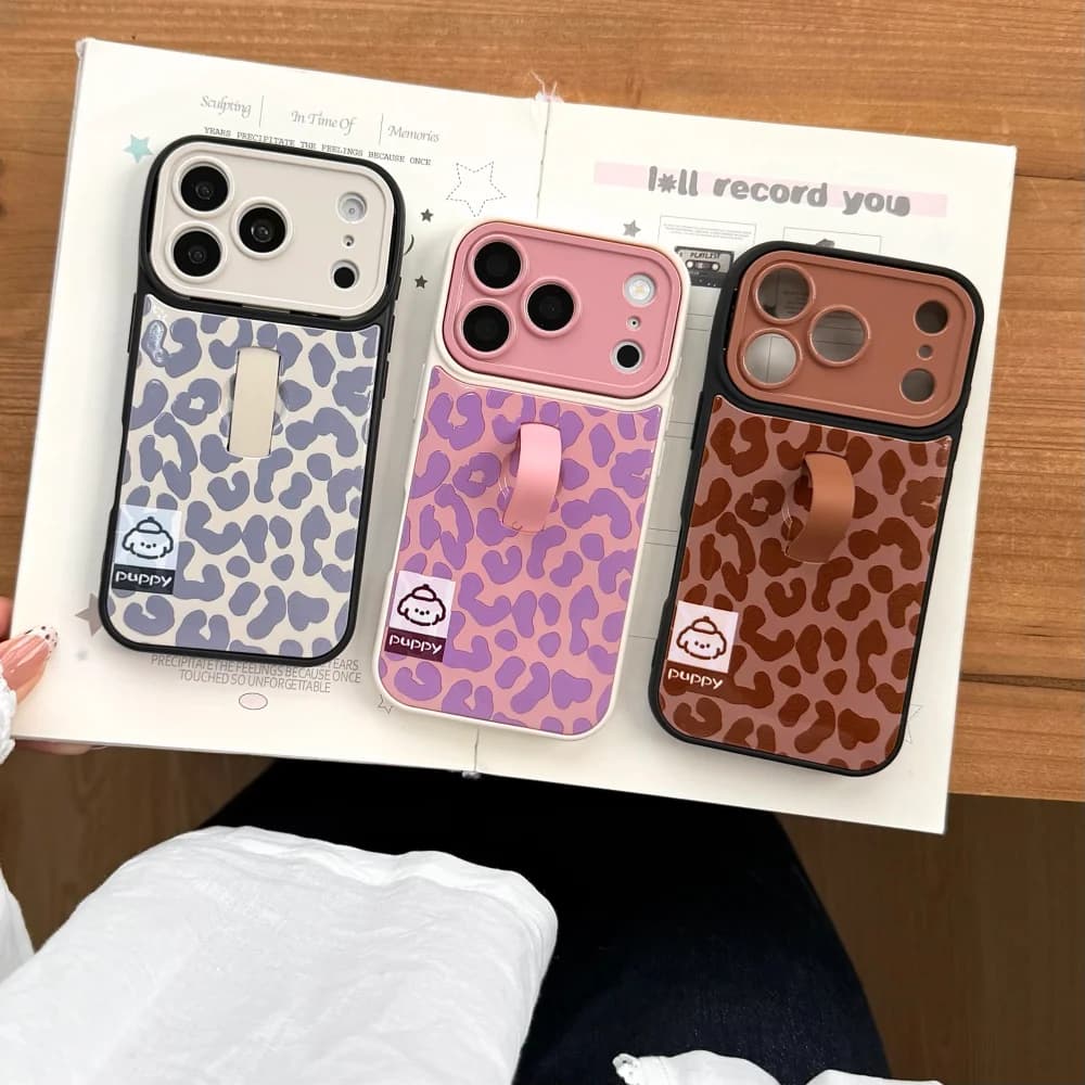 Leopard Print Puppy Case for iPhone 17 16 15 14 Pro Max with Finger Ring Stand Cute Puppy Label Protective Cover Women Girls
