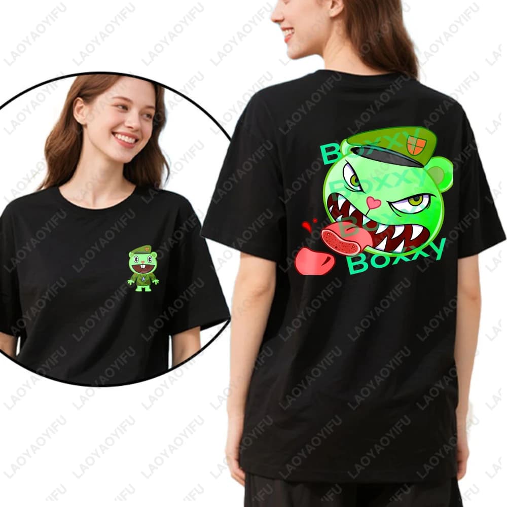 Happy Tree Friends Boxy Character Cartoon Print Unisex Cotton T-Shirt Summer Casual Wear Trendy Design Fun Graphic Tee