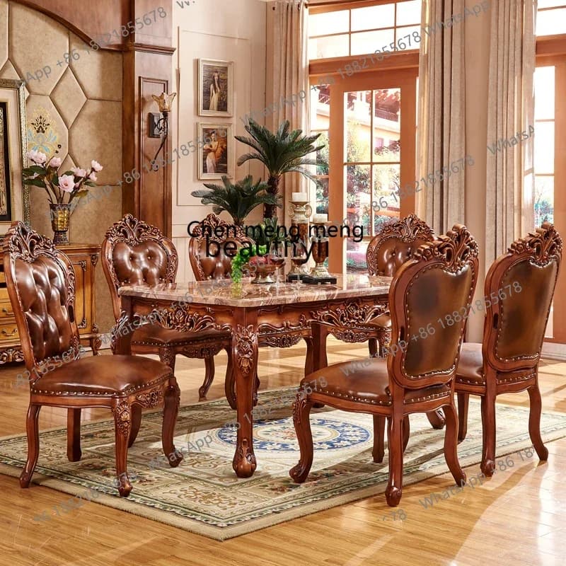 178European square table solid wood carving flower American neoclassical marble water-based paint rectangular dining table2936