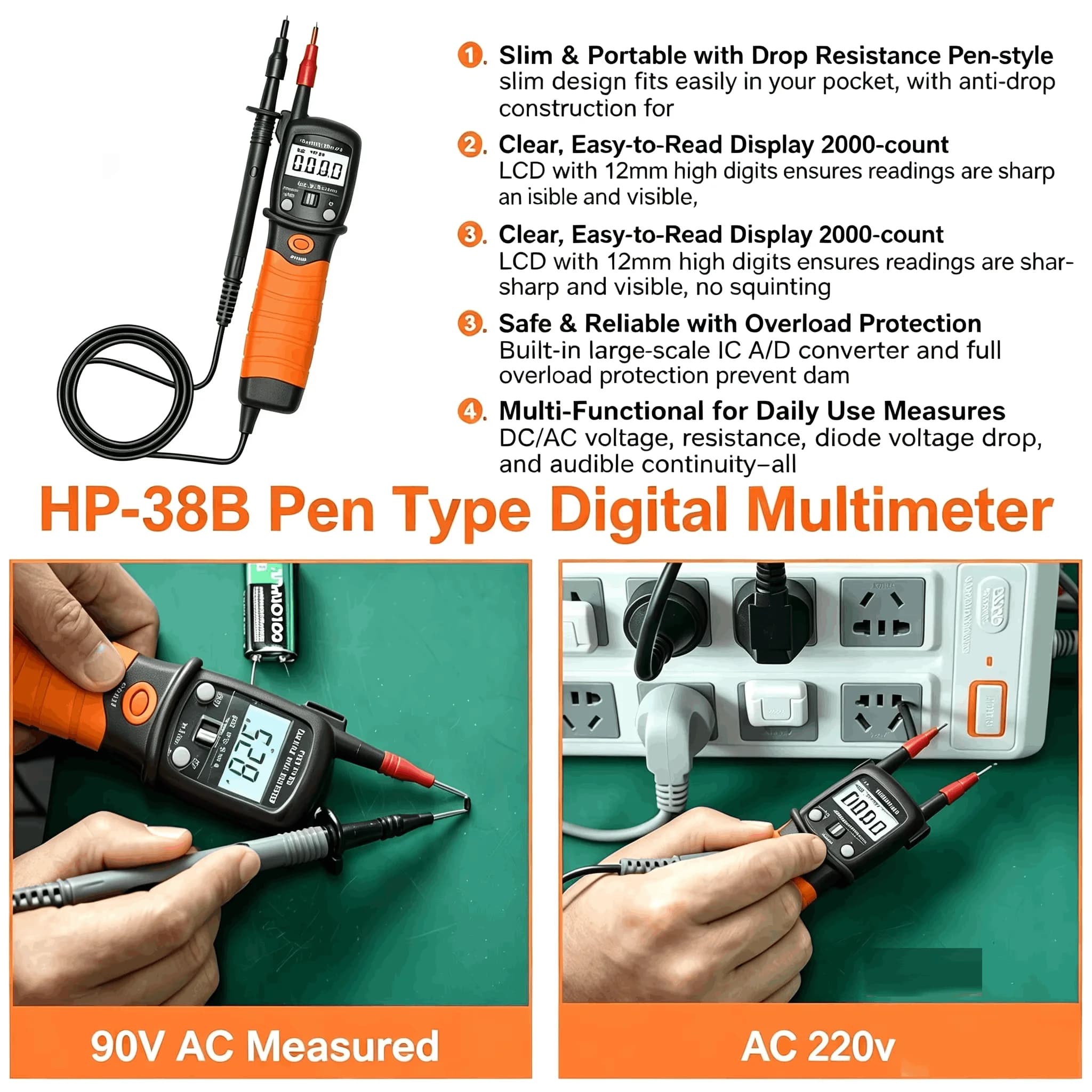 HP38B Pen Style TRMS 6000-Count Auto Ranging Multimeter with NCV Flashlight, Backlit Data Hold for Electrician Field Home DIY