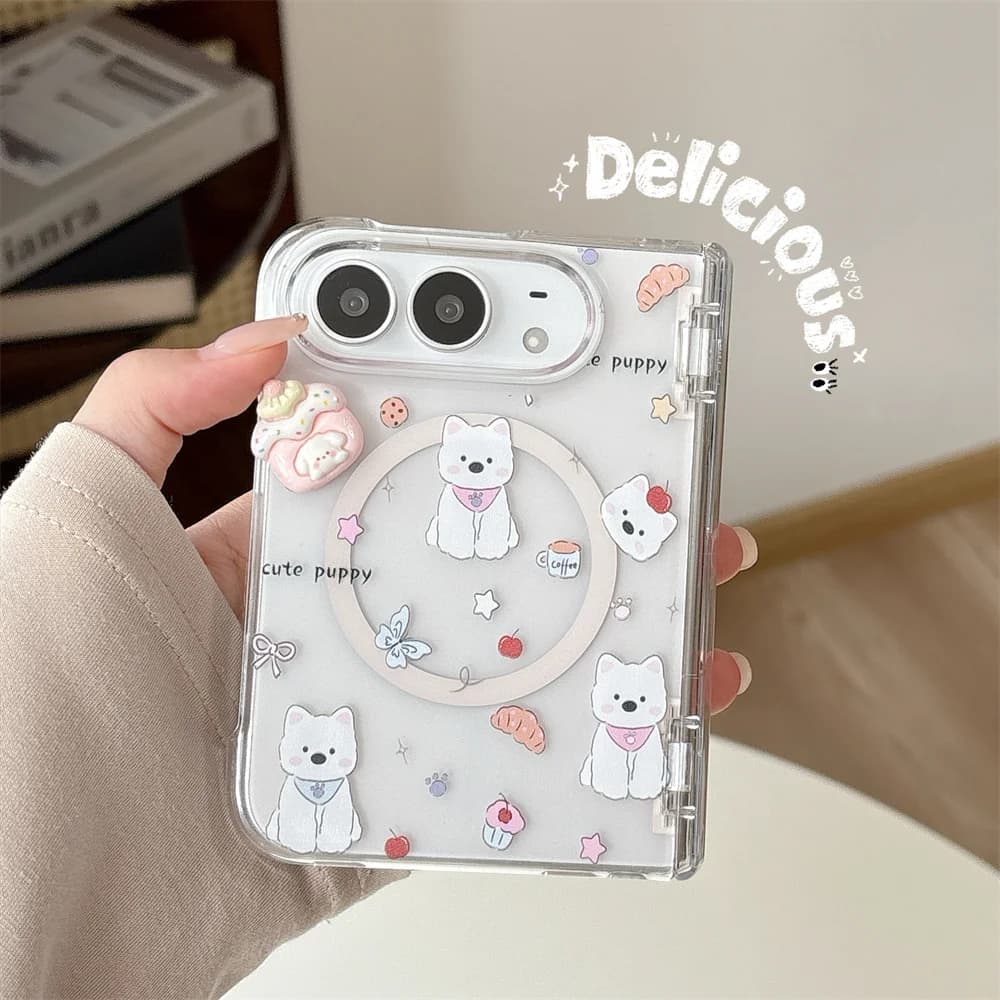 Korea Fashion Cute Puppy Magnetic stand Phone Case For iPhone Duo Kawaii Cartoon Transparent Hard Protective Cover For Magsafe