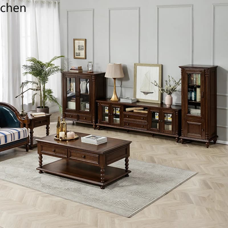 PYH Solid Wood TV Cabinet TV Coffee Table Wine Cabinet Set Living Room Floor Cabinet Country Retro Storage