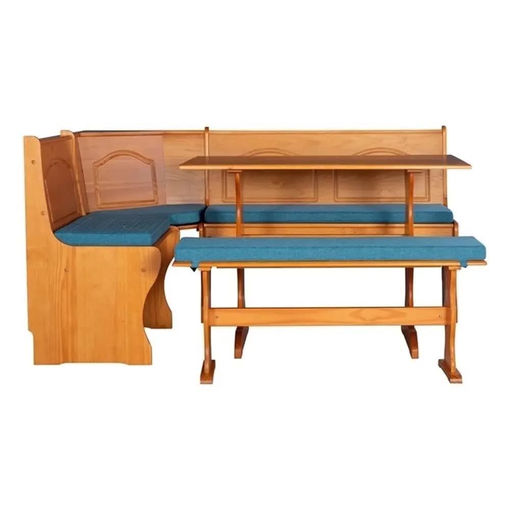 3 Pc Honey Pine Nook Set with 4 Pc Polyester Cushion Set in Blue