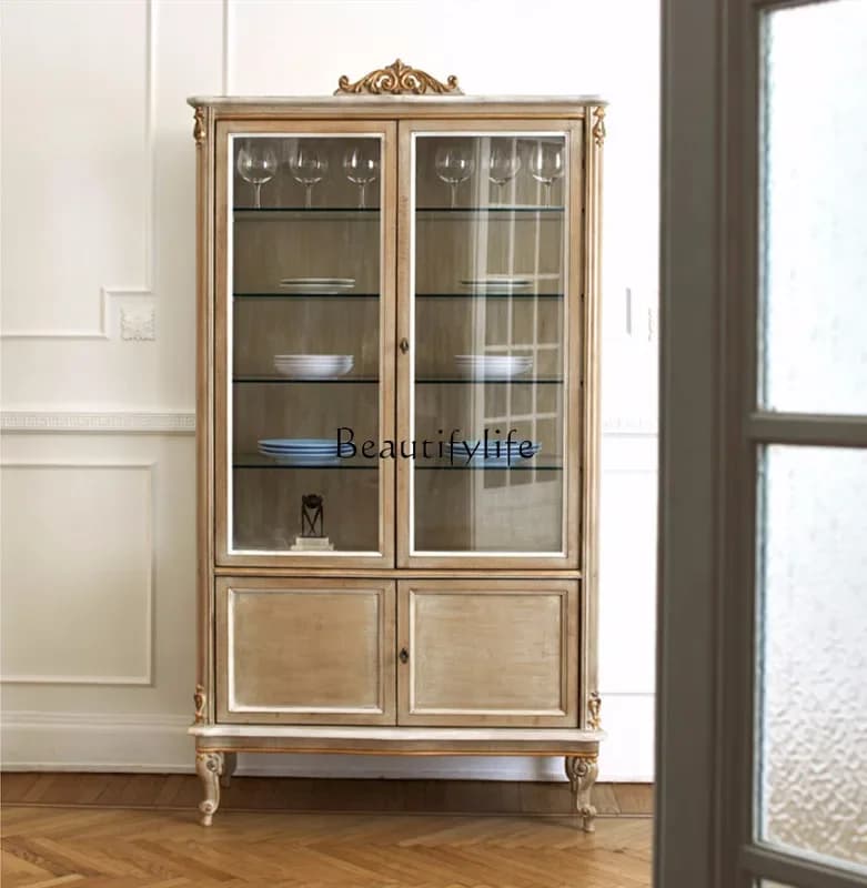 5ld14 French retro old solid wood side cabinet American customizable restaurant glass door storage wine cabinet