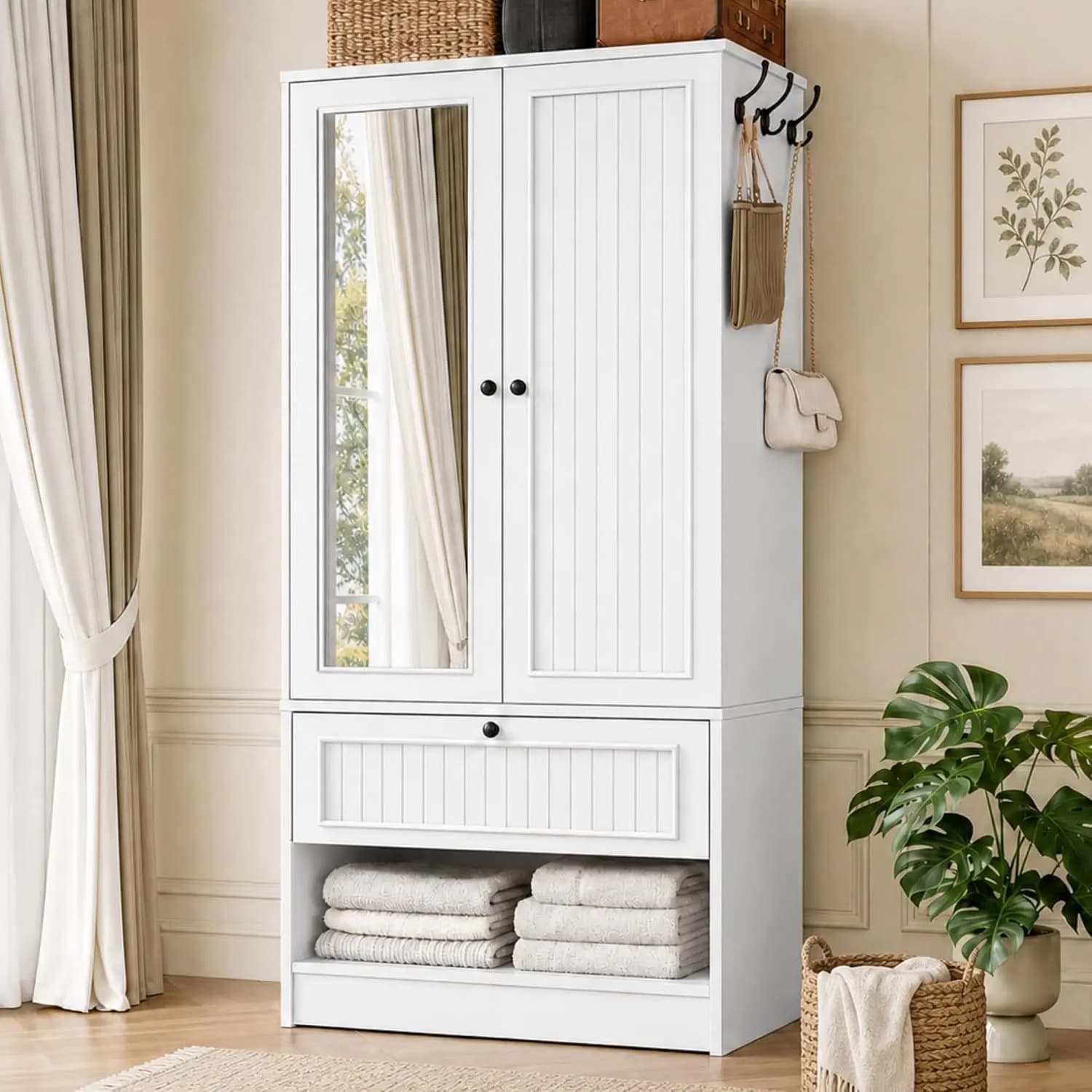 Wood Armoire Wardrobe Closet with Mirror Door and Drawer, 2 Doors Bedroom Storage Cabinet for Hanging Clothes, White