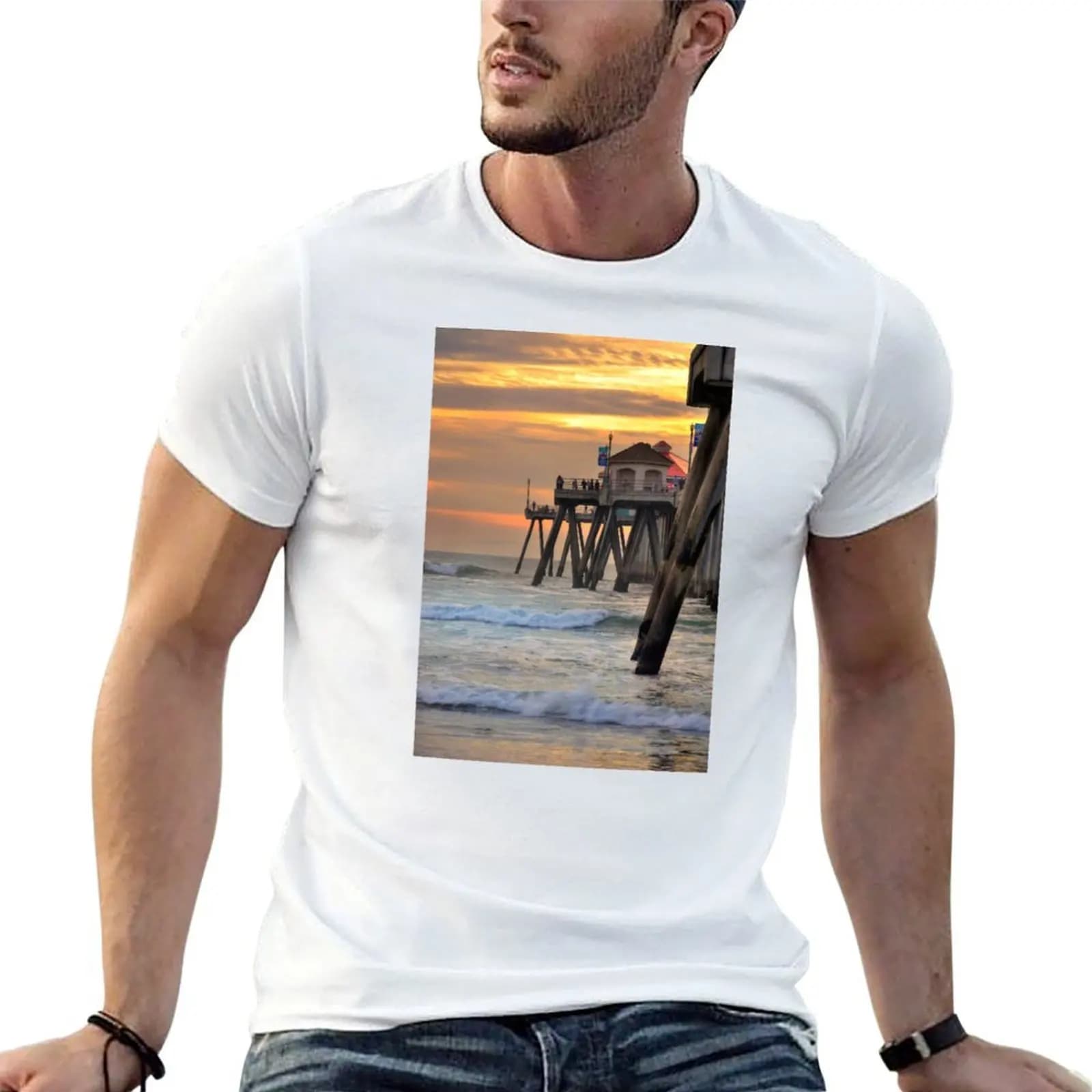 Huntington Beach Pier T-Shirt korean fashion oversize t-shirts man plain white t shirts men