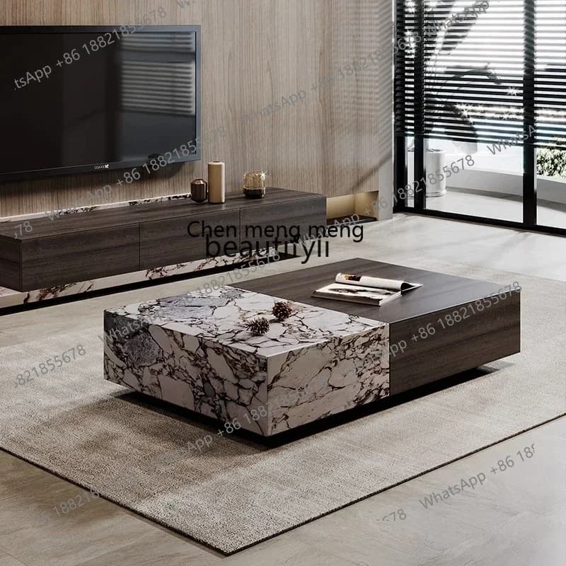 zq1Smoked color rectangular solid wood rock slab coffee table Italian storage living room household tea table