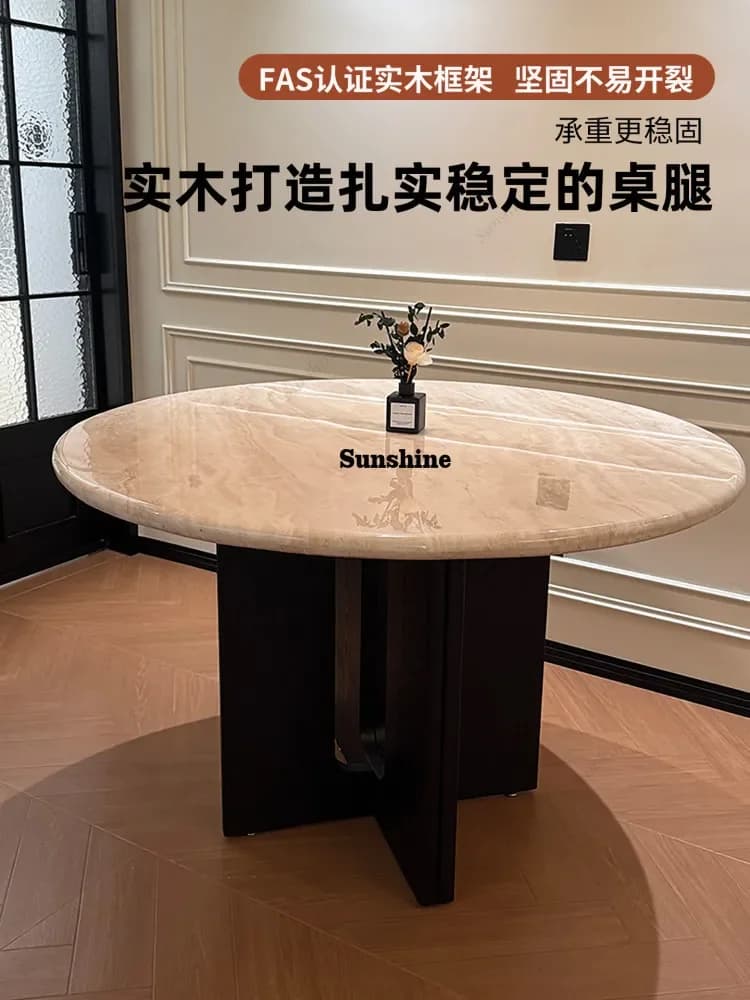 French retro cream style natural travertine rock slab round, household small apartment round table and chair combinationY