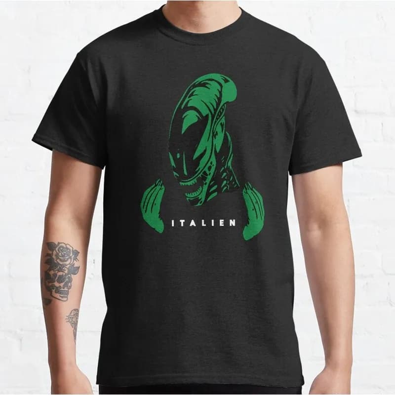 Italien  Italian Alien Movie Graphic T‑Shirt Vintage Sci‑Fi Horror Xenomorph Print Tee Unisex Short Sleeve Casual Streetwear