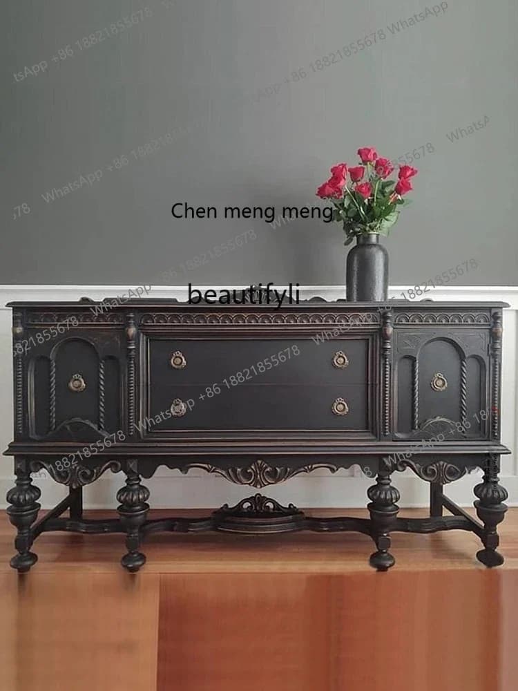 D178 French Retro Solid Wood Entrance Cabinet Entrance Foyer Wall Curio Cabinet European Style Living Room Carved Locker Sideboa