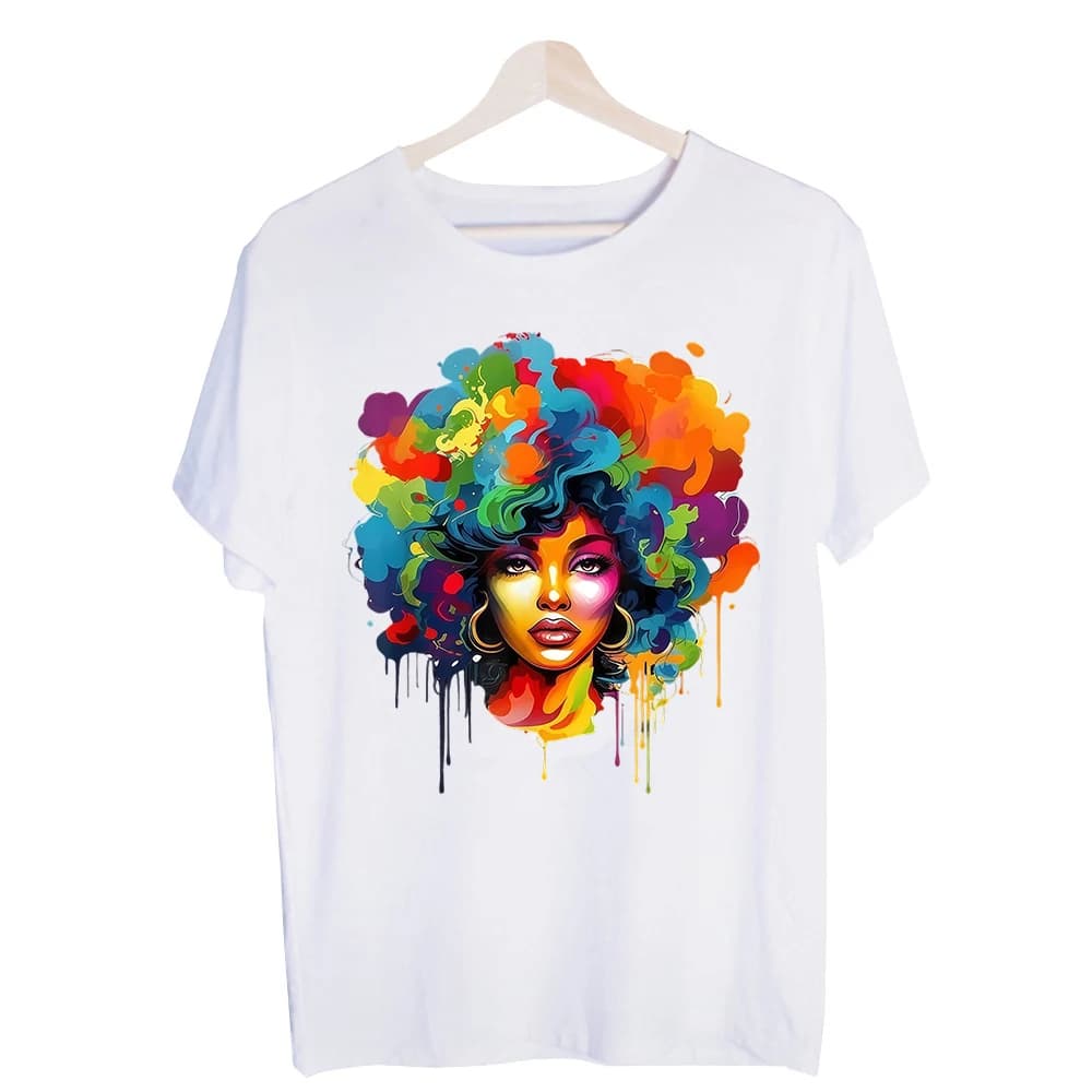 Women's Colorful Abstract Portrait Graphic Tee, Short Sleeve Crew Neck T-Shirt for Artistic Casual and Summer Outfits