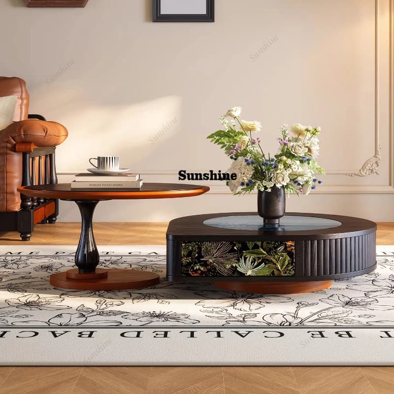 French retro solid wood size round coffee table combination small apartment living room home