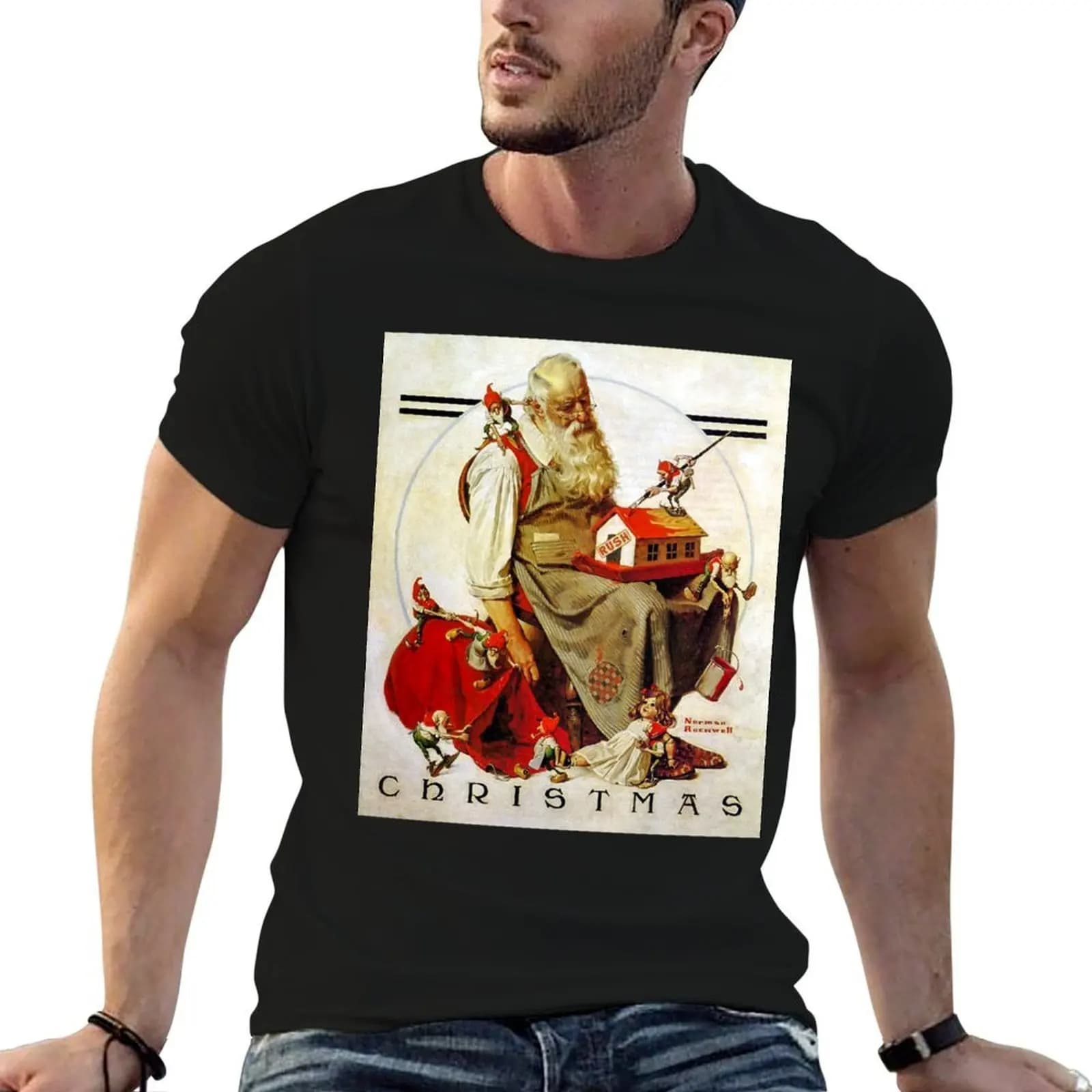 Music Vintage Retro Norman Rockwell Santa And His Elves Love You Fans T-Shirt plus sizes Short sleeve tee men t shirts