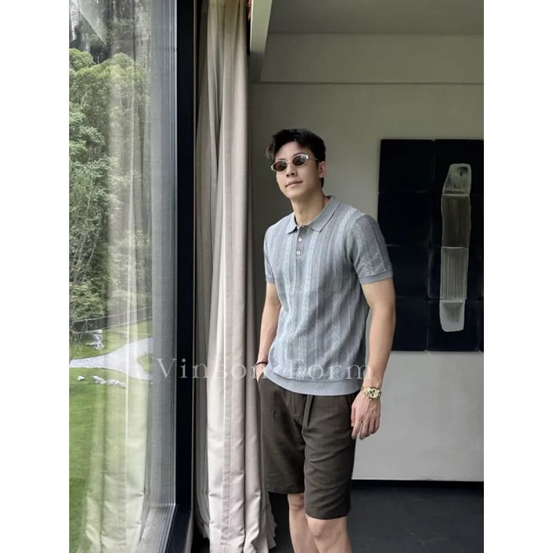 2026 Summer New Style Men's Old Money Style Open-Back Silk Knitted Sweater with Colorful Texture Polo Shirt Short Sleeve