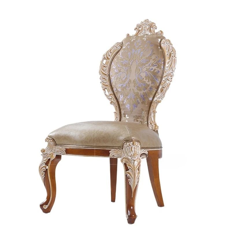 Solid wood leather cloth dining chair, French court endorsement solid wood carving flower dining chair c