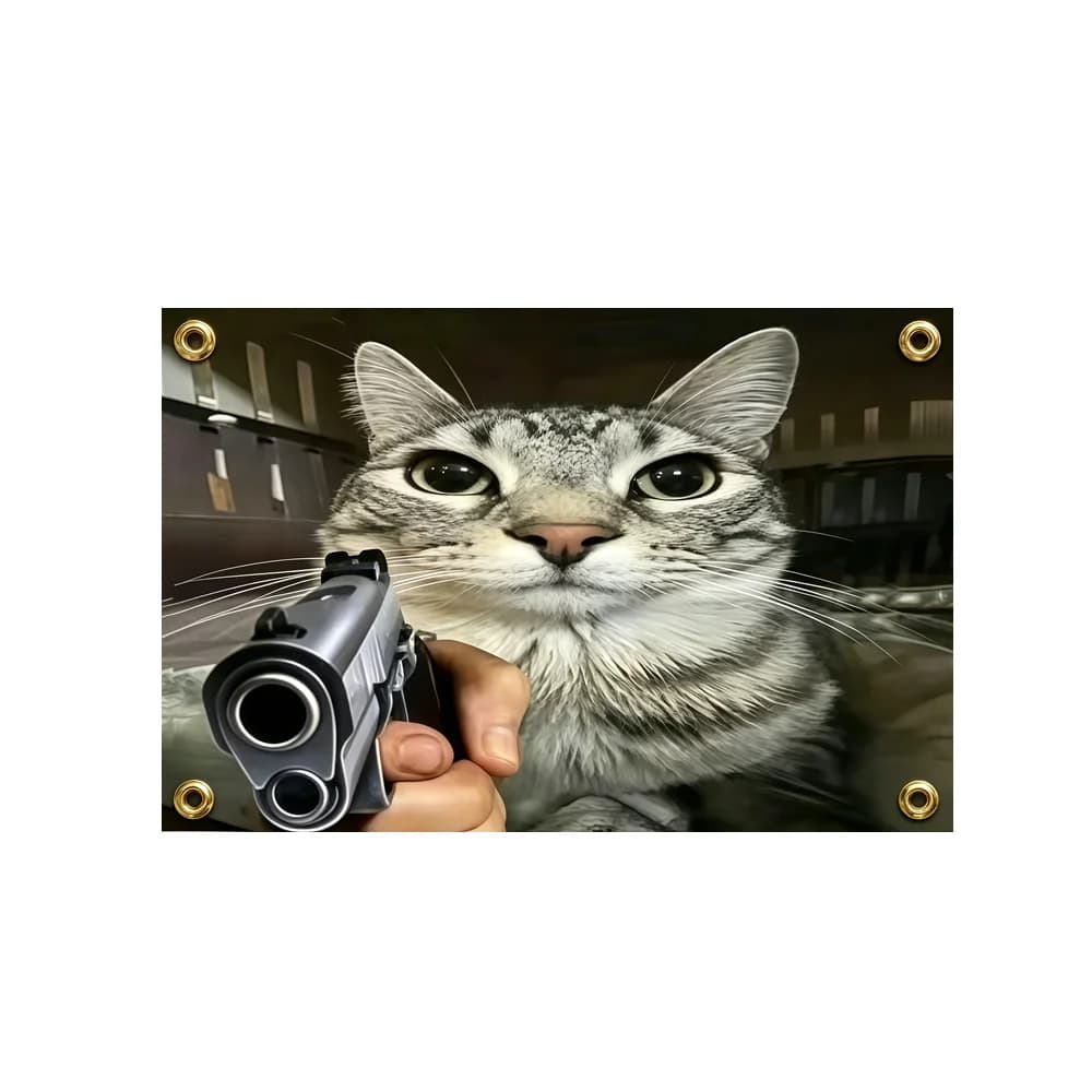 Cat With Gun Meme Flag 2x3ft 3x5ft Polyester Banner Funny Tabby Cat Wall Hanging Garage Man Cave Bedroom Decor
