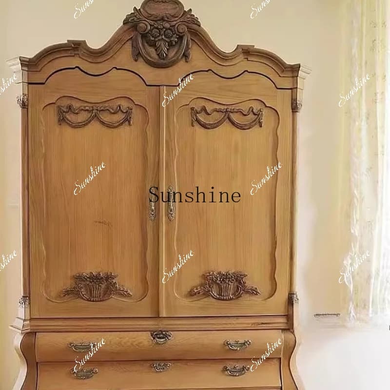 French retro carved wardrobe storage classical solid wood storage studio children's double door  FT
