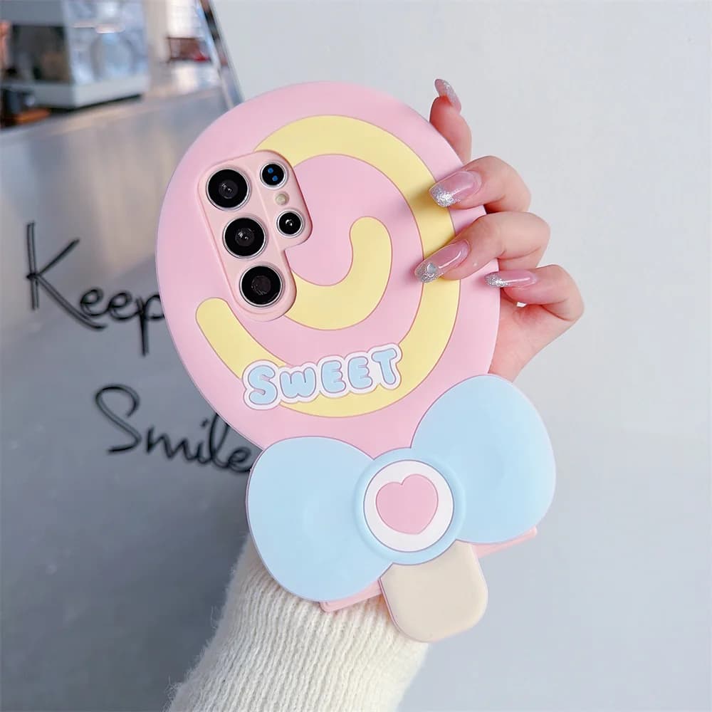 Sweet Kawaii Pastel 3D Bow Lollipop Phone Case for S26 Ultra Soft Silicone Protect Cover for SamSung Galaxy S25 S24 S23 A57 A56