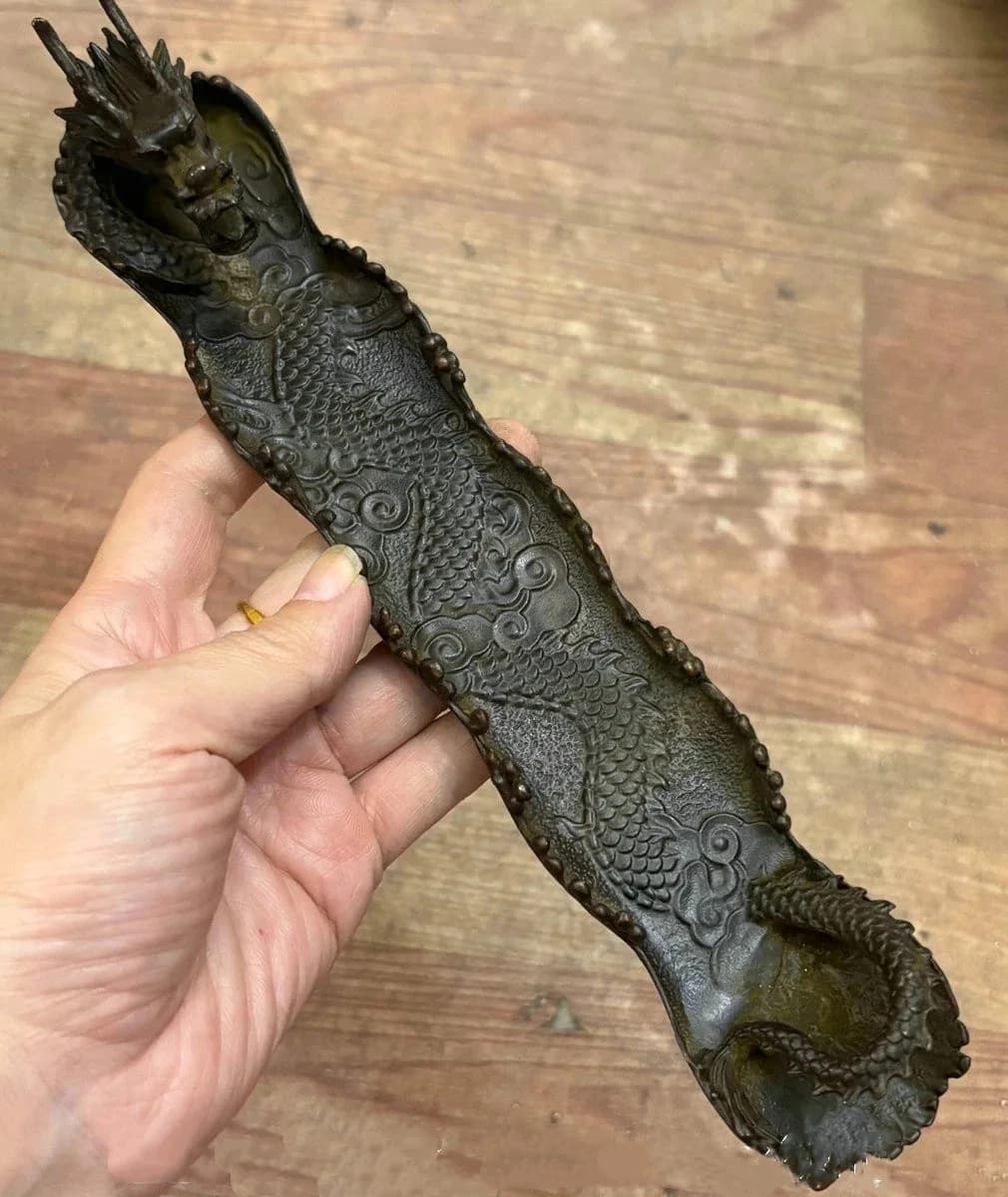 9.6" Old China Copper Carving Buddhism Dragon Beast incense Holder Statue