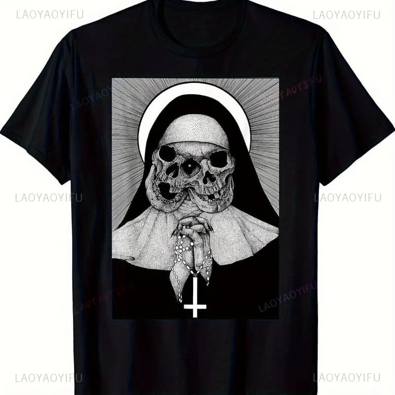Men's Gothic Satanic Nun Skull Graphic T-Shirt Black Modal Shirt Novelty Trend  New Arrival Anime Tees Summer Unique Anime Shirt