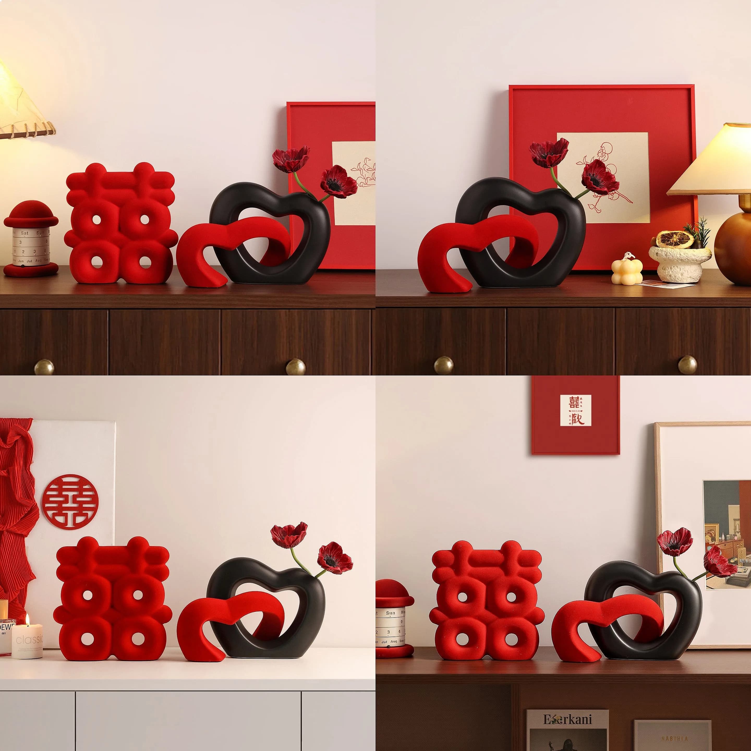 Ceramic 3D Double Happiness Ornament Wedding Room Decor Gift for Couple Bride Home Decoration