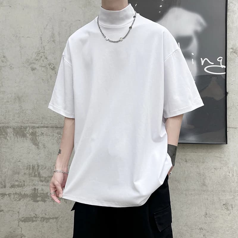Streetwear Turtleneck Men Tshirt Solid Hip Hop Male Oversized T Shirts Man Casual Short Sleeve Top Tees Black/White/Purple
