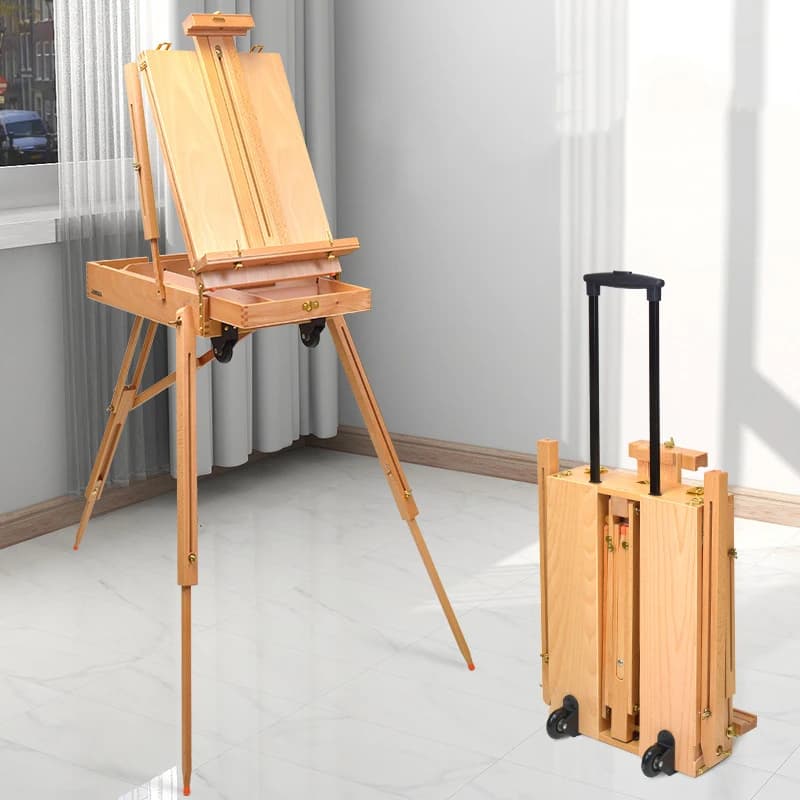 Red Beech Wood Oil Painting Case, Art Trolley, Wooden Oil Painting Easel, Sketching Case, Sketching Easel