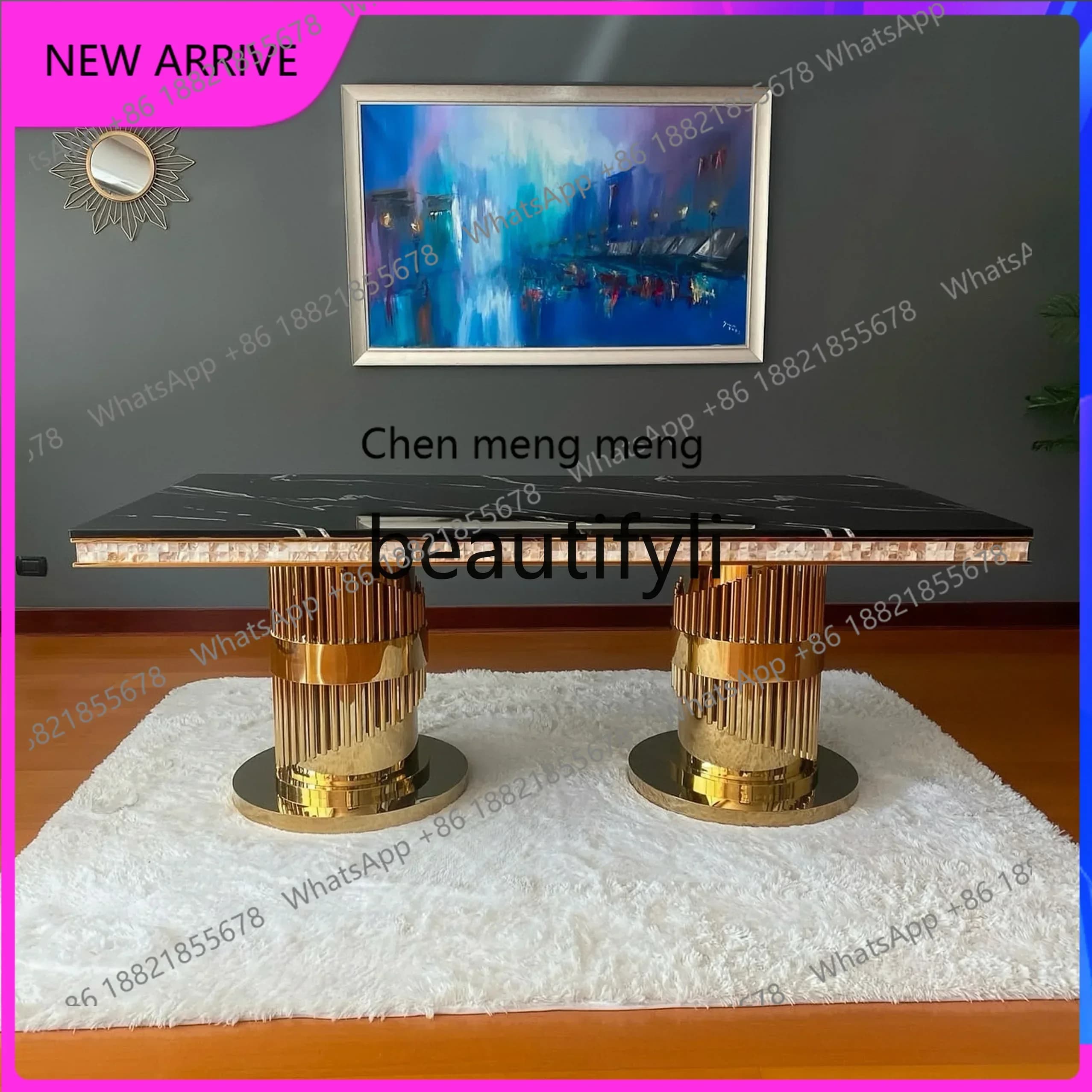 X AA85  Light Luxury Stainless Steel High-End Dining Table Modern Simple Home Use Marble Rectangular High-End Dining Table