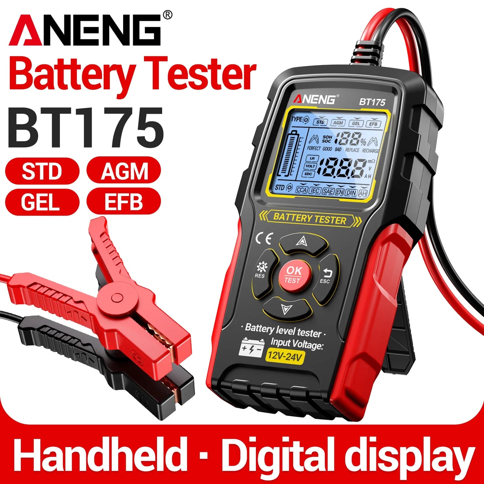 ANENG BT175 Vehicle Battery Analyzer 8‑36V Car Motorcycle EV AGM GEL EFB STD Bad Contact Alert Alligator Clip Auto Repair Tester