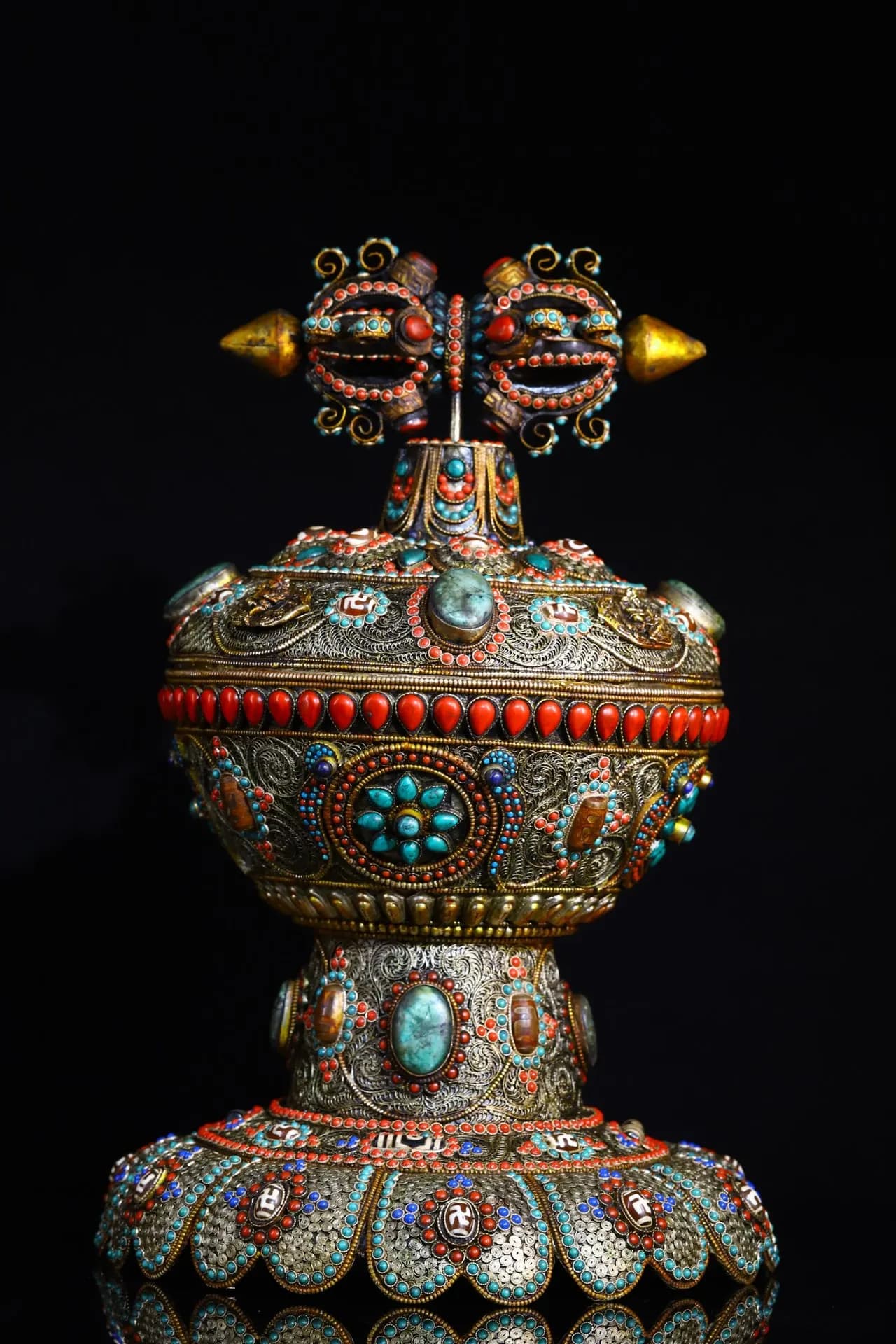 16"Tibetan Temple Collection Old  Tibetan Silver Mosaic Gem gZi Beads Dorje Vajra Phurpa Treasure pot Buddha jar Dharma Amulet