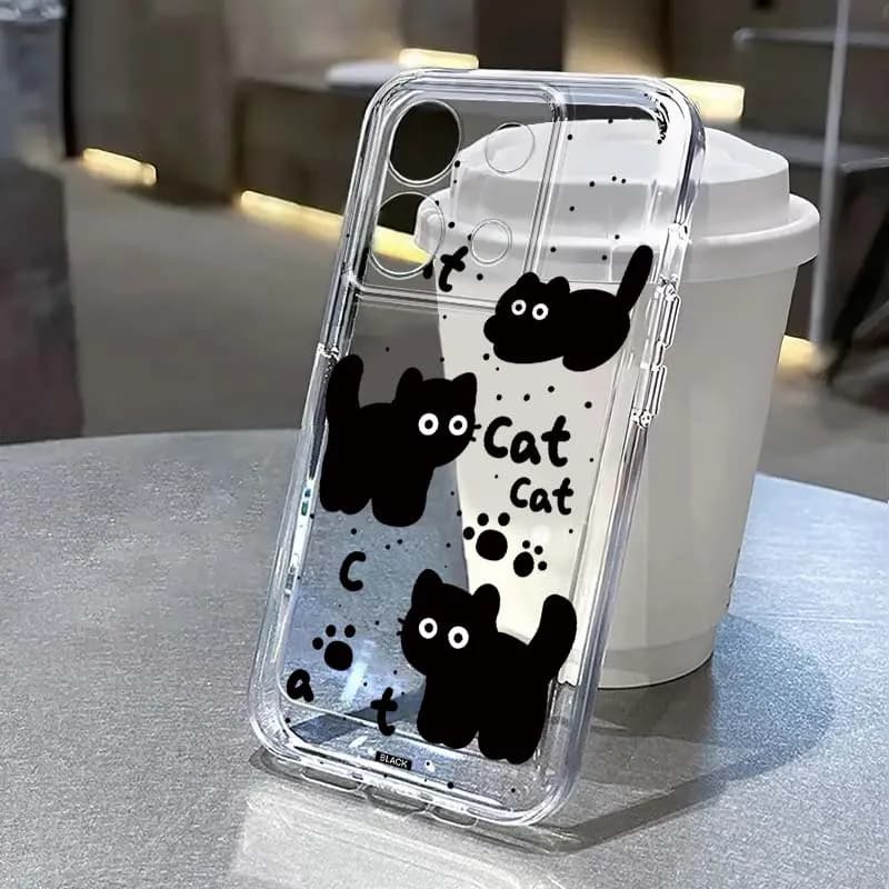 Cartoon Black Cat Art For Xiaomi Redmi Note 15 14 13 12 11E 9 9T 8 8T Pro Plus Turbo 5G Fashion TPU Transparent Phone Case