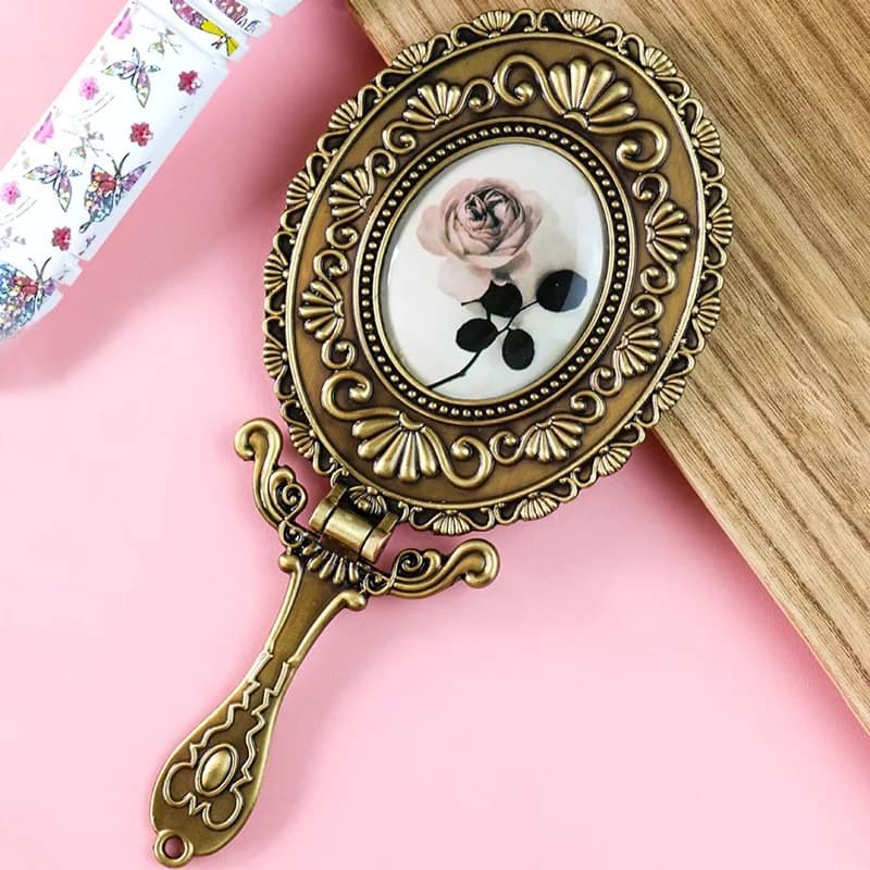 Handheld Folding Retro Makeup Mirror Desktop Decorative Mirror Portable Metal Mini Double-sided Mirror Valentine's Day Gift