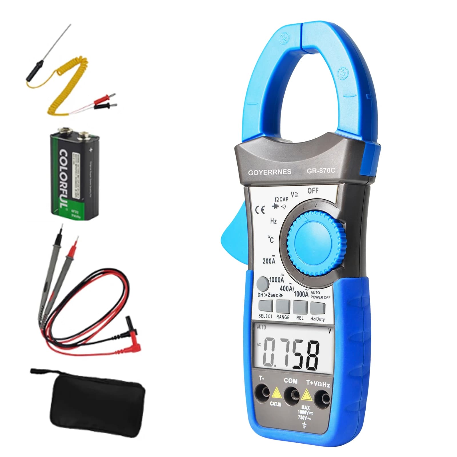 Holdpeak AC/DC Clamp Meter 4000 Counts Auto Range 1000A Capacitance Temp NCV Duty Cycle for HVAC