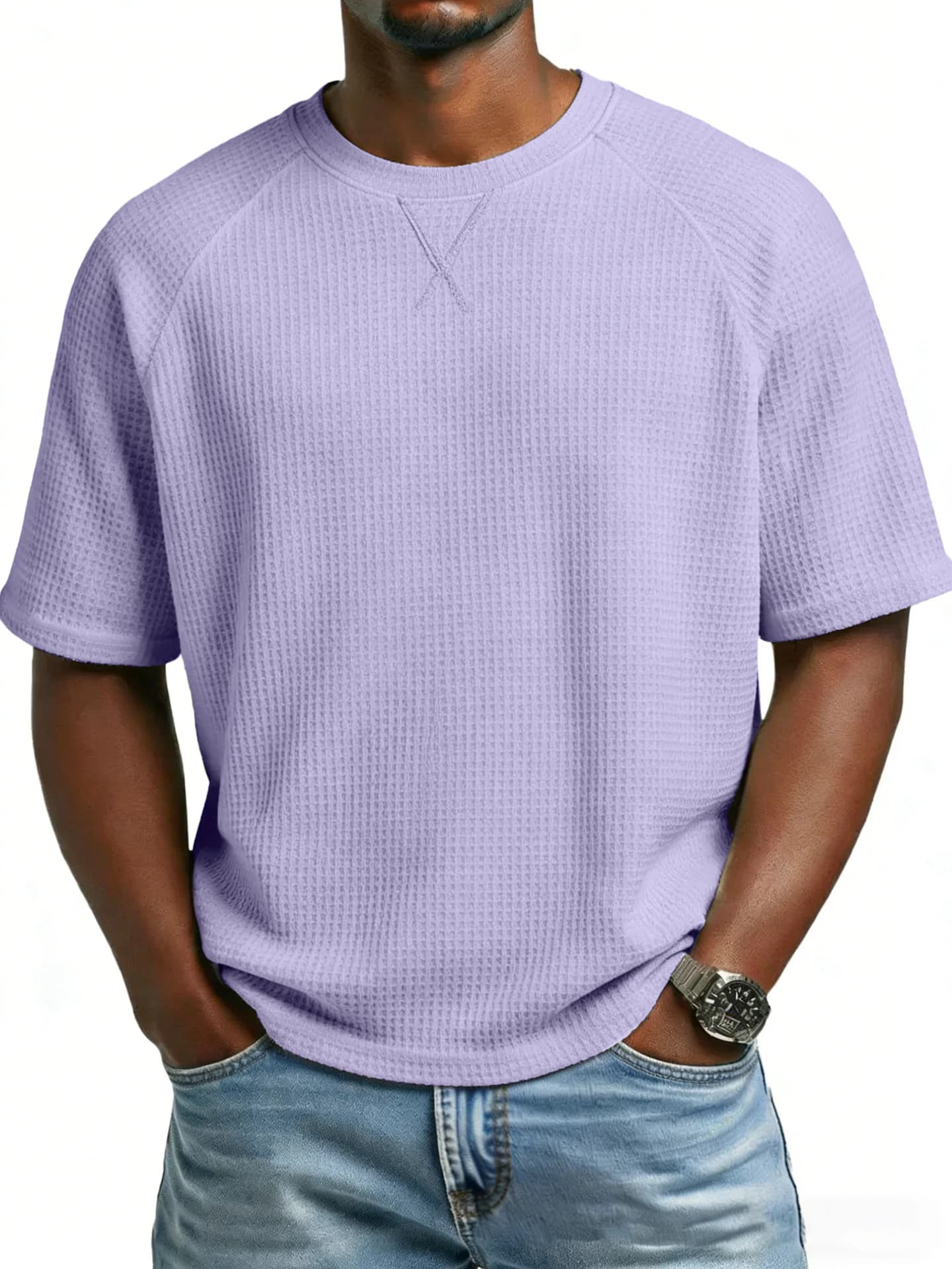 Waffle Knit Raglan Sleeve T-shirt for Men, Classic Crew Neck Short Sleeve Tops Spring Summer Casual Daily Apparel