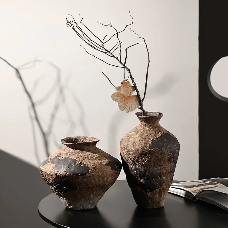 Vintage Wabi-Sabi Style Ceramic Vase Ornament Living Room Flower Arrangement High-End Jingdezhen Dried Flower Zen Flower Vessel