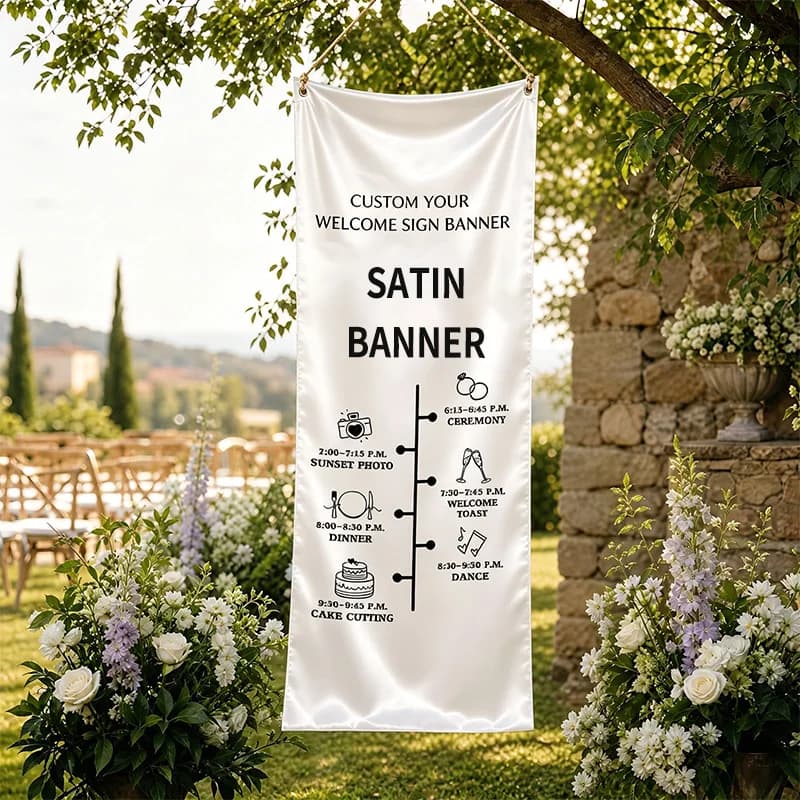 1pc Custom Satin Wedding Welcome Sign Banner(NO STAND), Top with 2 Grommets, Easy To Hang, for Birthday, Baby Shower Decor