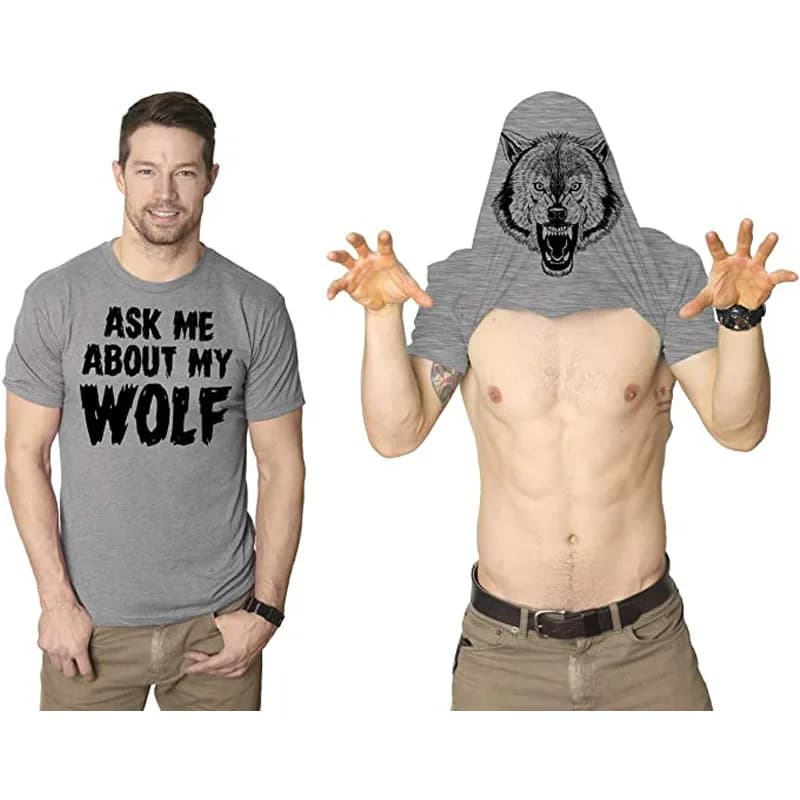 Ask Me about My Wolf Flip T- Shirt Cool Funny Saying Novelty Graphic Tee Tops Men's Fashion Animal Print Outfits Husbands Gifts
