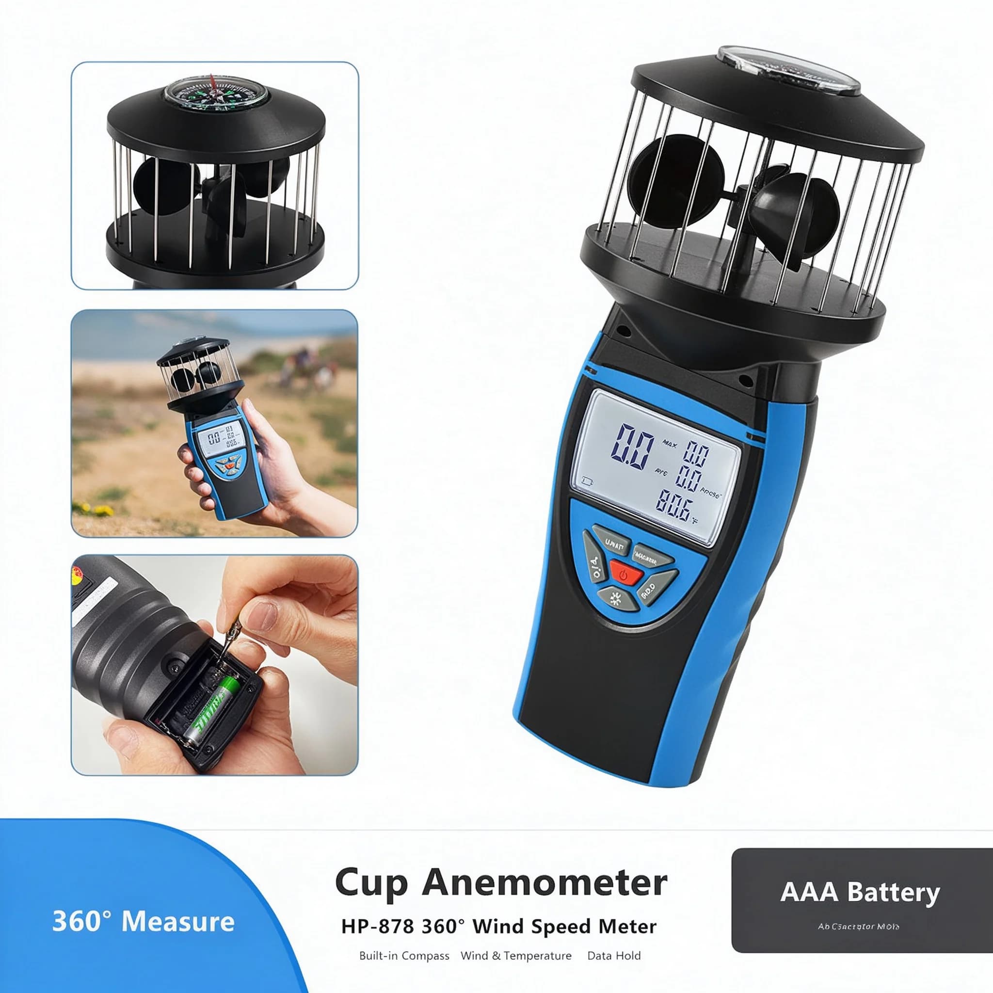 Multifunction Digital Anemometer Wind Speed Meter with Compass Altitude Temp Humidity Tester LCD for Drone Sailing Weather HVAC